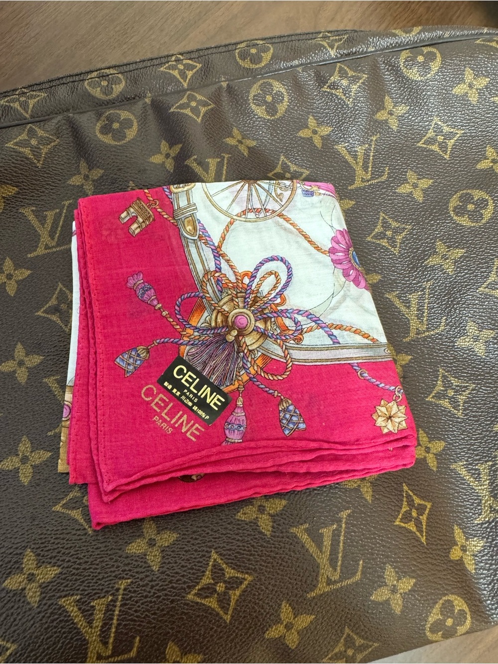 Celine Fuchsia & Ivory Silk-Blend Scarf with Rope and Tassel Motif